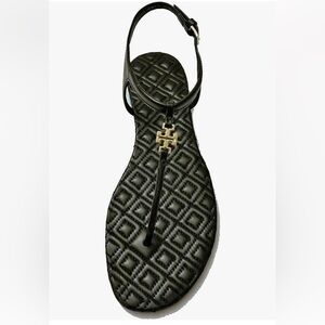 TORY BURCH Marion Quilted Black Leather T-Strap Gold Logo Sandals Size 8 Luxury